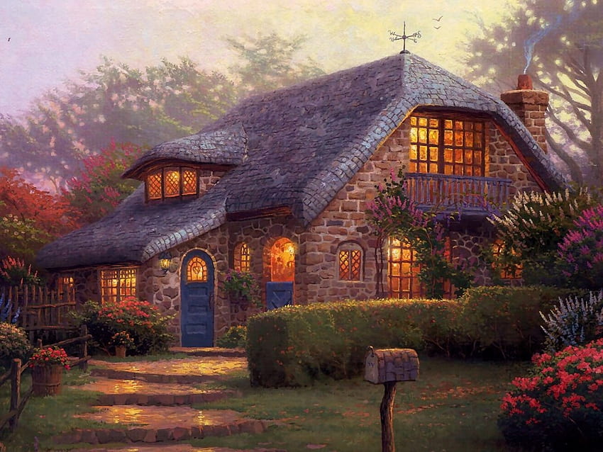 Abend im Cottage, Kunstwerk, Hecke, Gemälde, Haus, Bäume, Garten, Blumen HD-Hintergrundbild
