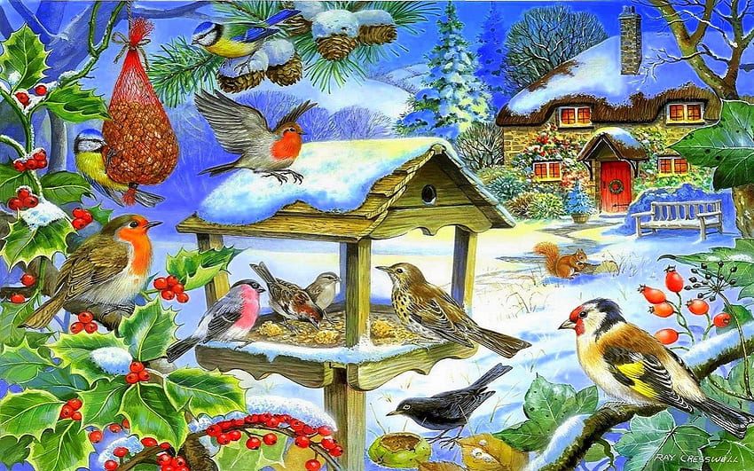 ★Happy House of Birds★, celebrations, winter, birds, colors, traditional art, frosty, houses, festivals, holiday, snow, drawings, happy, cardinals, most ed, house, berries, pine cones, paintings, lovely flowers, greetings, seasons, love four seasons, christmas, green, xmas and new year, cottage HD wallpaper