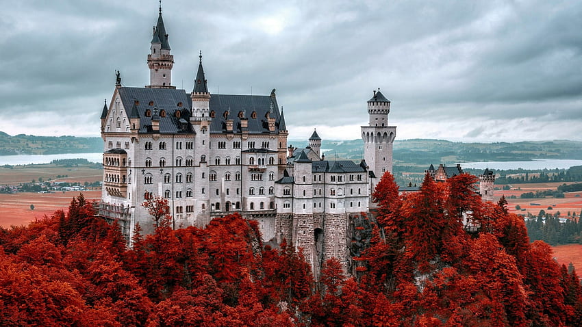 Red Autumn Trees Around Neuschwanstein Castle, red, clouds, trees, germany, autumn, sky, nature, castle HD wallpaper