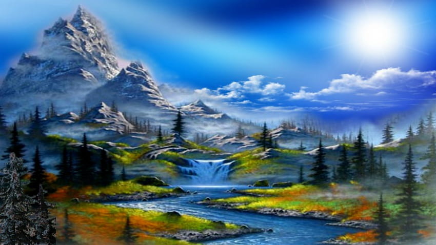 ~*~ スイス アルプス ~*~, 風景, 松の木, 川, 山々 高画質の壁紙