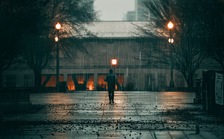 男, 雨, 孤独, 悲しい, 歩く, 通り, シティ ウルトラ 16:10 背景, ロンリー ストリート 高画質の壁紙
