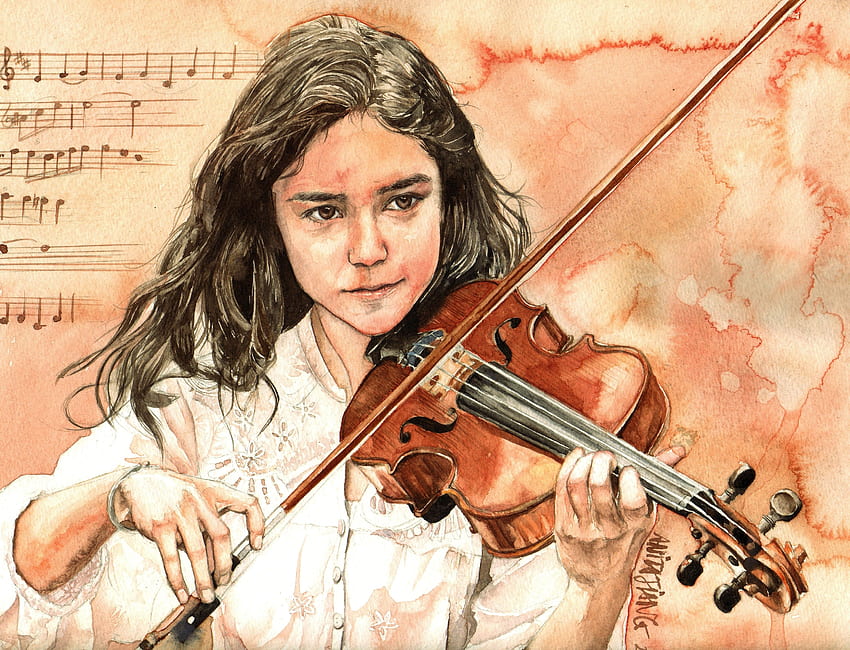 Art painting girl violin music . HD wallpaper