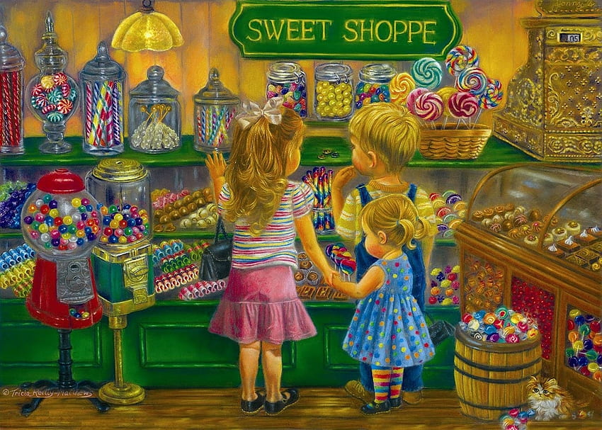 Candy heaven, blue, children, art, girl, tricia reilly matthews, copil, little, candy, pink, shop, painting, pictura, green HD wallpaper