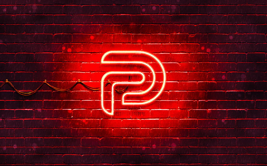 Logo merah Parler, , dinding bata merah, logo Parler, jejaring sosial, logo neon Parler, Parler Wallpaper HD
