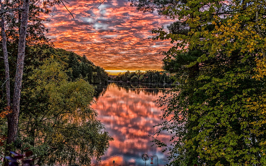 Garden of Eden, Ontario, water, sunset, trees, clouds, sky, canada, reflections HD wallpaper