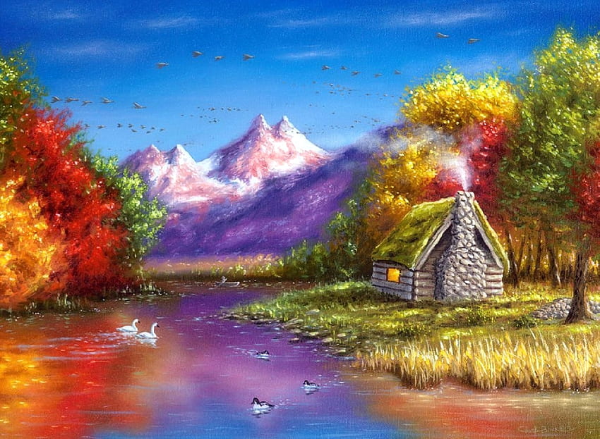 Autumn Reflection, attractions in dreams, colors, paintings, love four seasons, leaves, rural, cabins, autumn, nature, mountains, fall season, rivers, countryside HD wallpaper