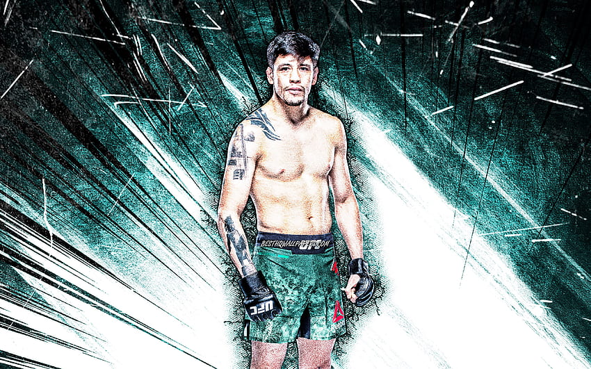 Brandon Moreno, grunge art, mexican fighters, MMA, UFC, Mixed martial arts, turquoise abstract rays, Brandon Moreno , UFC fighters, MMA fighters HD wallpaper