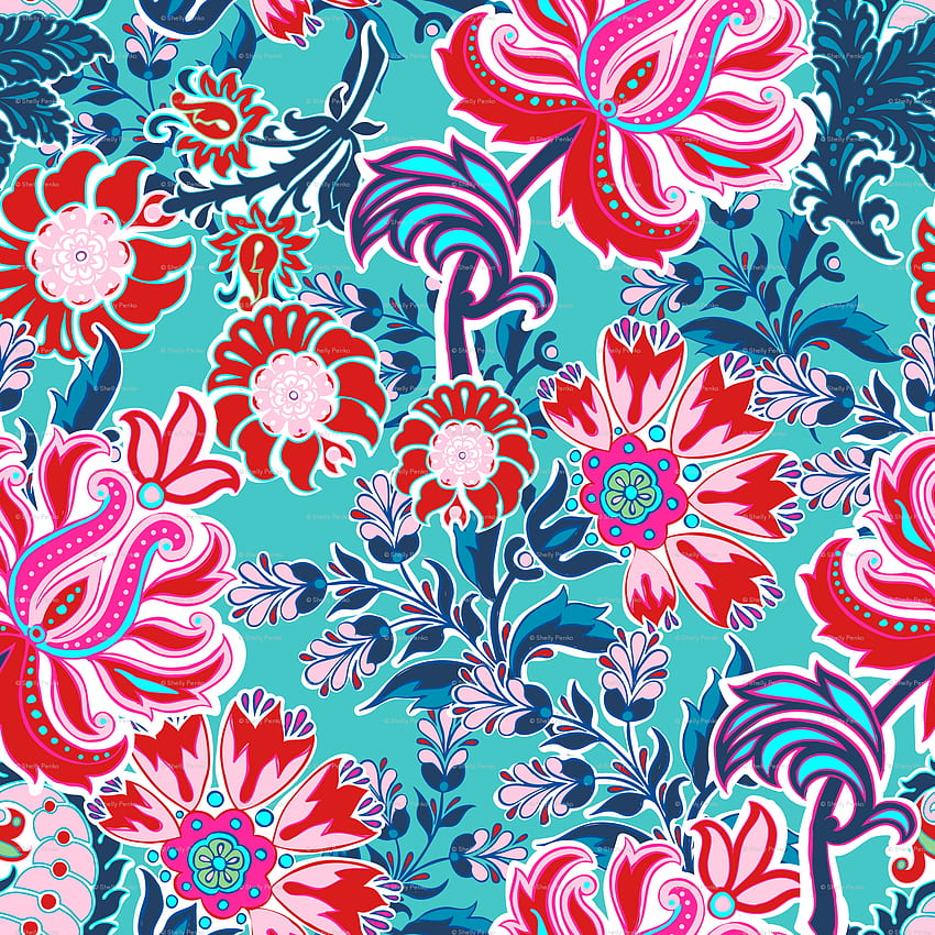 Bohemian Floral Paisley in Turquoise, Pink and Red HD phone wallpaper