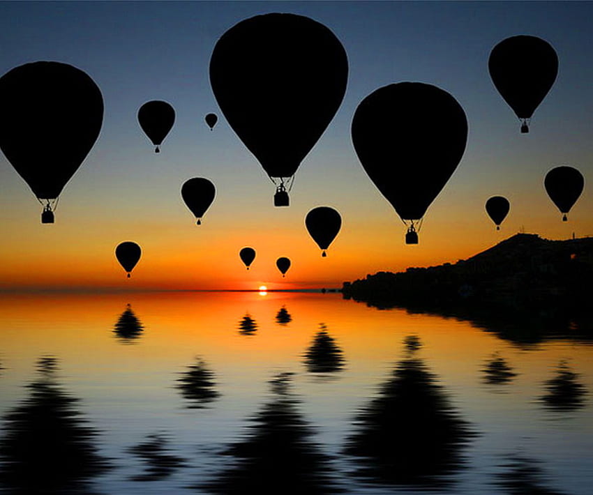 Evening rise, hot air balloons, orange, water, reflections, sunset, evening HD wallpaper