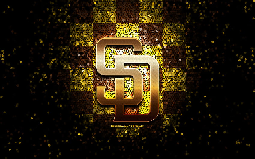 Emblema dei San Diego Padres, logo glitterato, MLB, a scacchi marrone giallo, squadra di baseball americana, Major League Baseball, arte del mosaico, baseball, San Diego Padres Sfondo HD