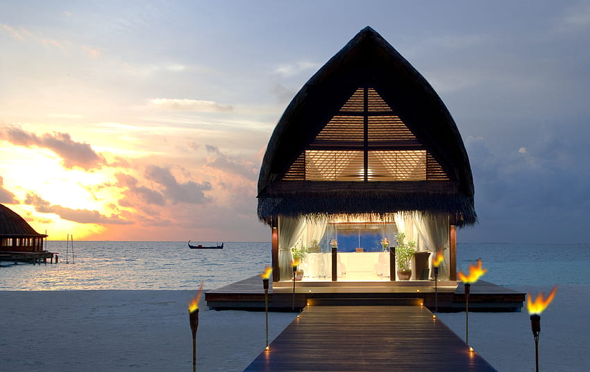 Naturaleza, Mar, Playa, Arena, Zonas tropicales, Maldivas, Bungalow fondo de pantalla