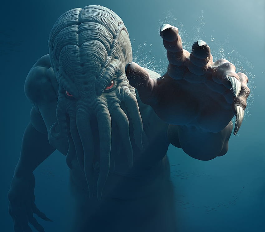 Cthulhu, blau, Abenteuer, digitale Malerei, Teufel, Horror, Unterwasser, Wasser HD-Hintergrundbild