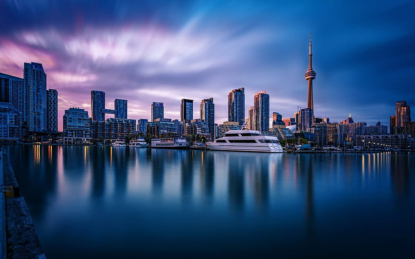 Menara CN, Toronto, Pelabuhan Dalam, Kanada, Matahari Terbenam, teluk, kapal pesiar untuk resolusi . Kualitas tinggi Wallpaper HD