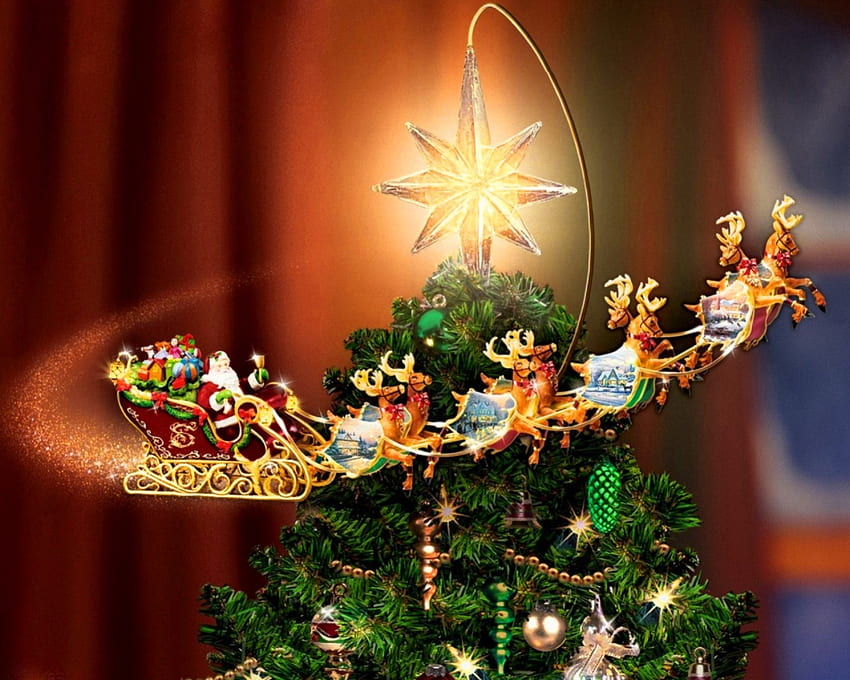 Noel ağacı, kış, sihir, hediyeler, Noel Baba, güzel, hoş, ağaç, yıldız, yükseliş, dekorasyon, tatil, ışık, noel, geyikler, sevimli, yeni yıl HD duvar kağıdı