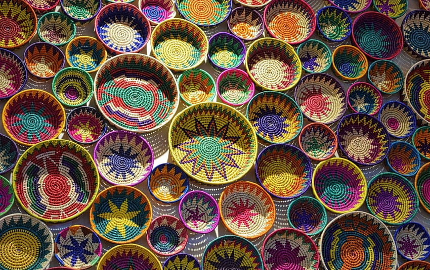 Colorful baskets, blue, colorful, basket, pink, rainbow, green, yellow, red, texture, bowl HD wallpaper