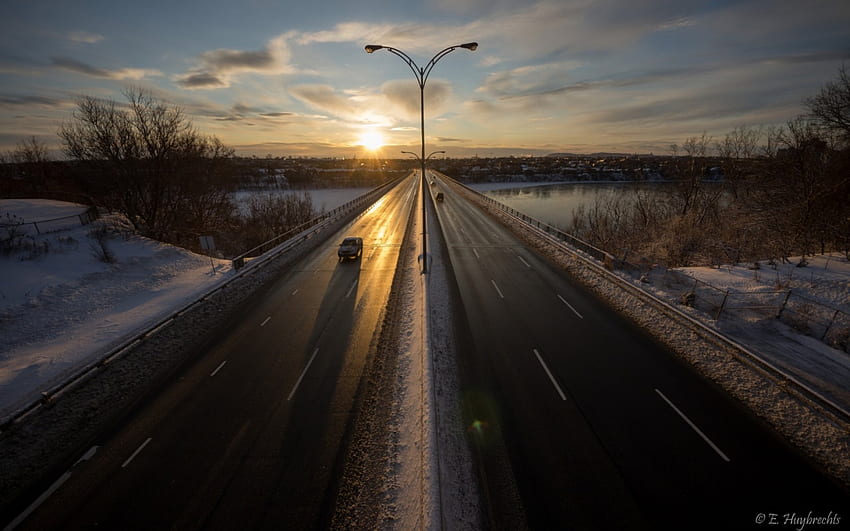 jembatan jalan raya pai IX di montreal saat matahari terbit, musim dingin, sungai, kota, jembatan, jalan raya, matahari terbit Wallpaper HD