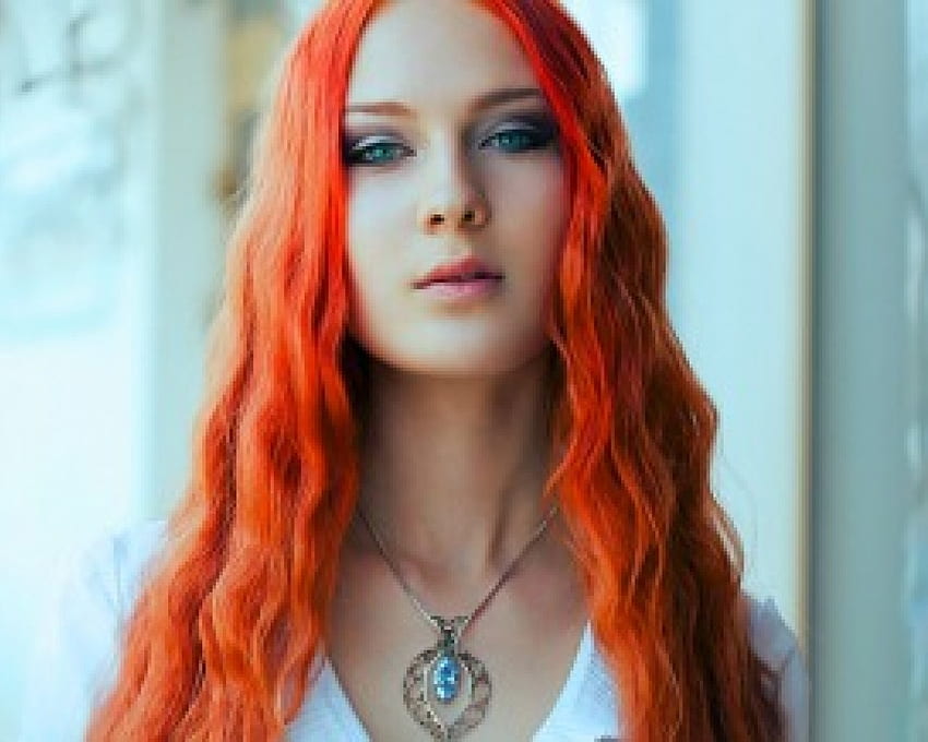 Redhead woman, model, face, necklace, redhead, woman HD wallpaper