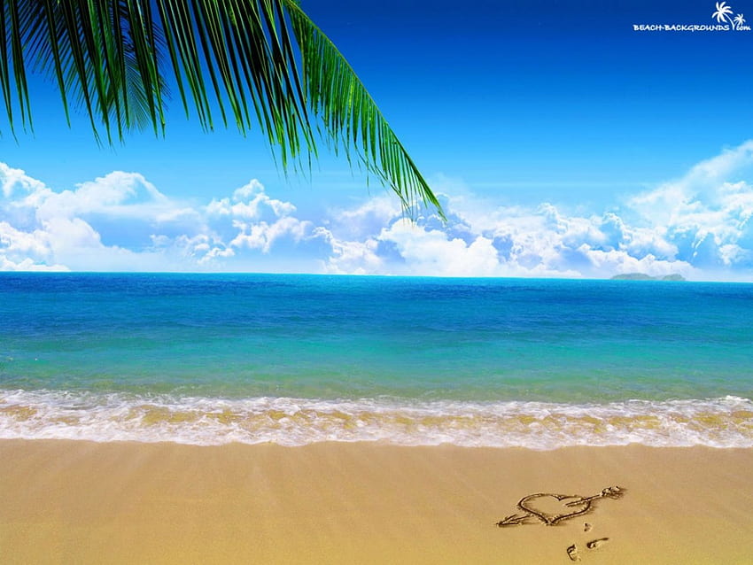 Love in the sand, sand, tropical, clouds, palm fringe, heart, ocean, beach HD wallpaper