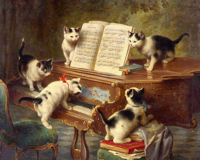 Anak Kucing & Piano, kucing, imut, lukisan, anak kucing, cinta empat musim, piano, binatang, meng dan melukis, cantik Wallpaper HD