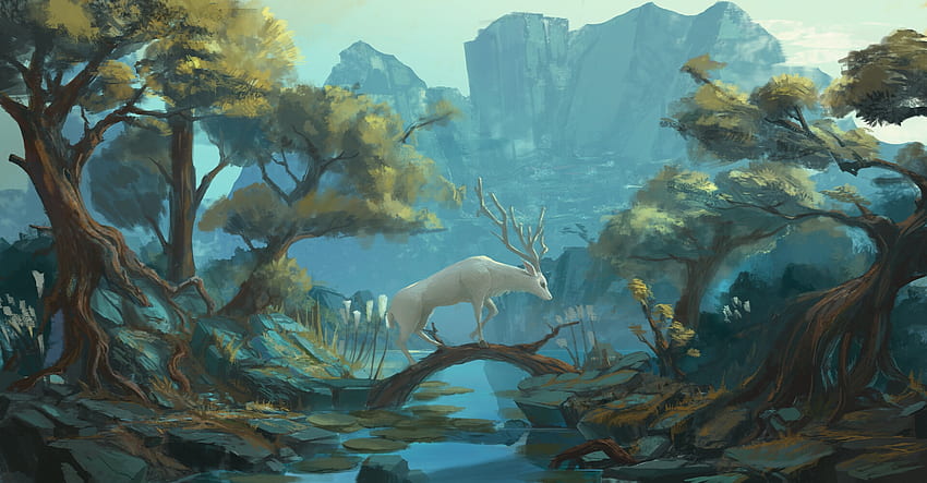 The White Deer, blue, white, art, fantasy, deer, cerb, jingning, forest, green HD wallpaper