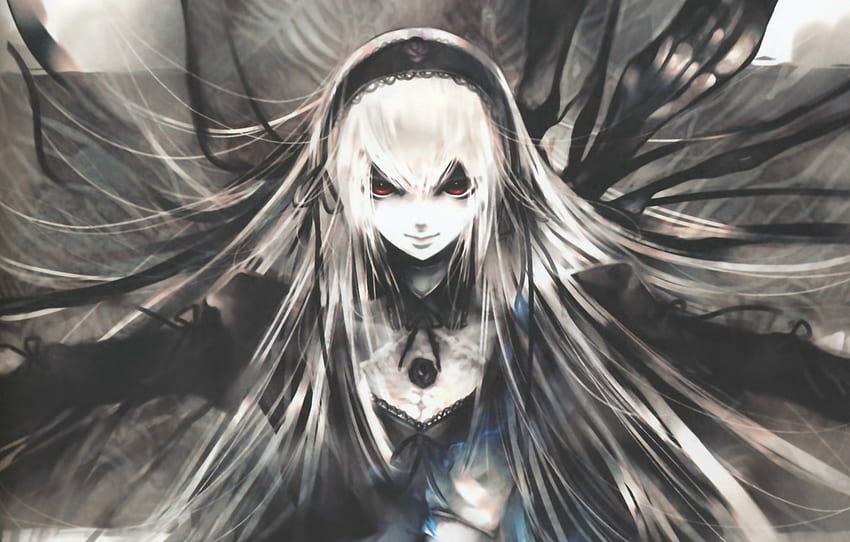 face, magic, wings, doll, red eyes, rozen maiden, suigintou, art, flowing hair, kei for , section сёнэн HD wallpaper