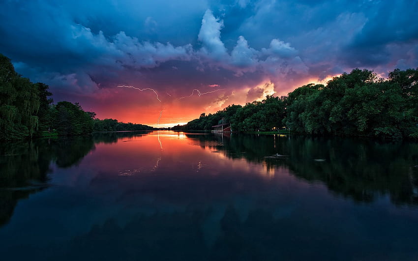 Nature, Rivers, Trees, Clouds, Lightning, Reflection, Storm, Thunderstorm HD wallpaper