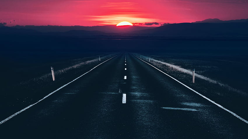 Pemandangan Matahari Terbenam Long Alone Dark Road, graphy,, 3D Road Wallpaper HD