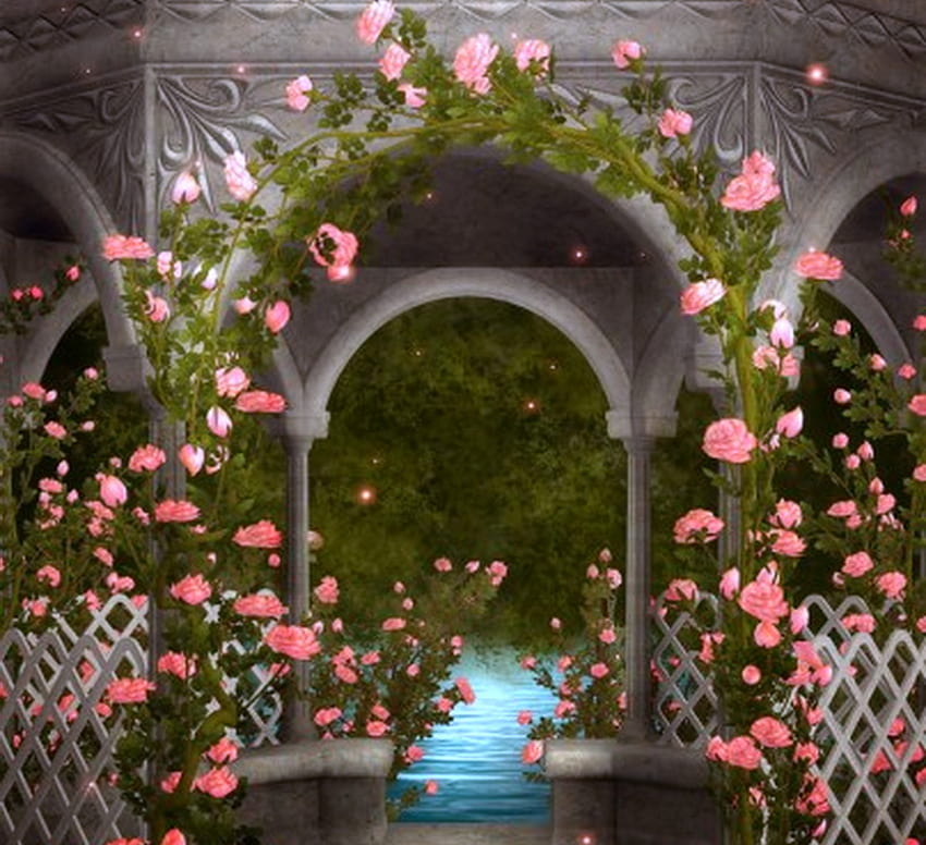 Archway of roses, pink, roses, green, arch, flowers, water HD wallpaper