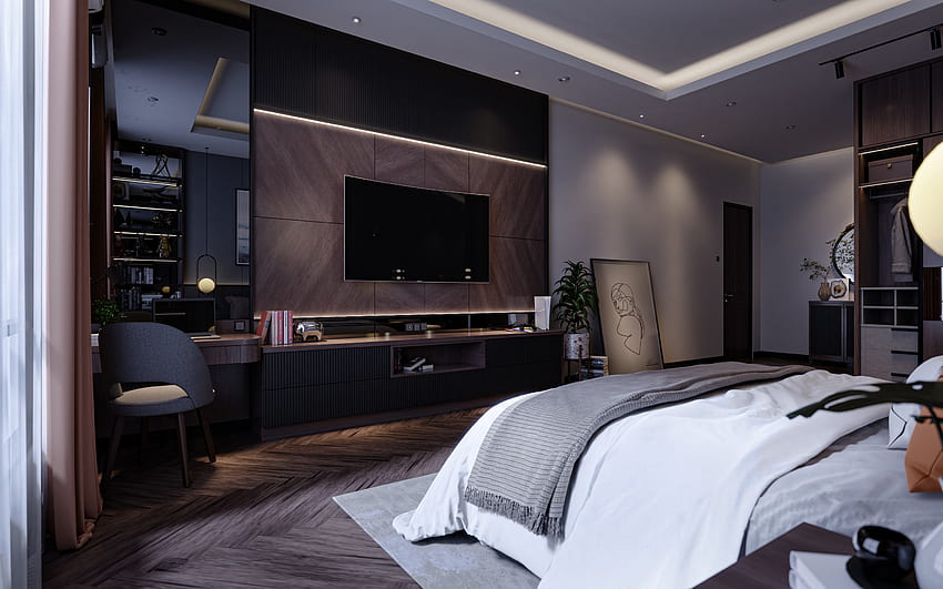 スタイリッシュな寝室のインテリア デザイン、壁に茶色のパネル、現代的なインテリア デザイン、茶色のカーテン、灰色の壁、寝室のアイデア 高画質の壁紙