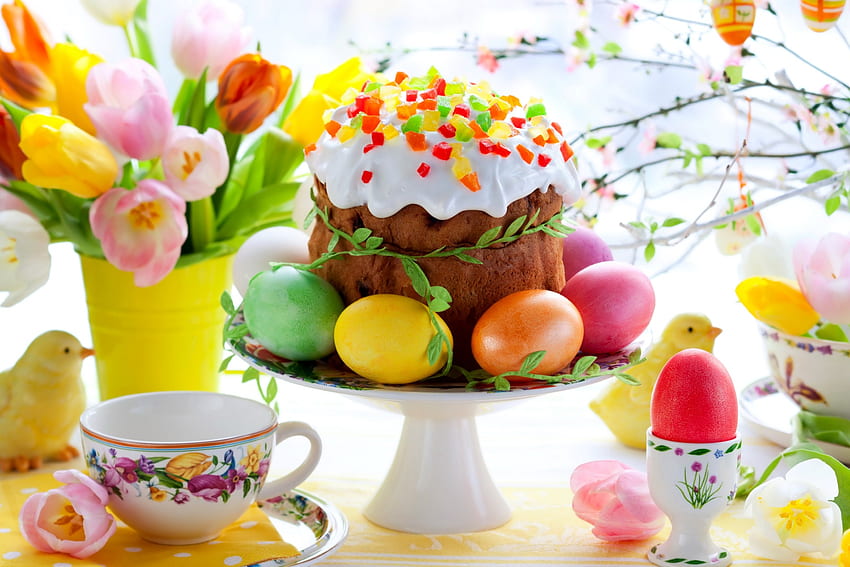 Joyeuses Pâques, nature morte, gâteau aux œufs, fleurs, tasse Fond d'écran HD