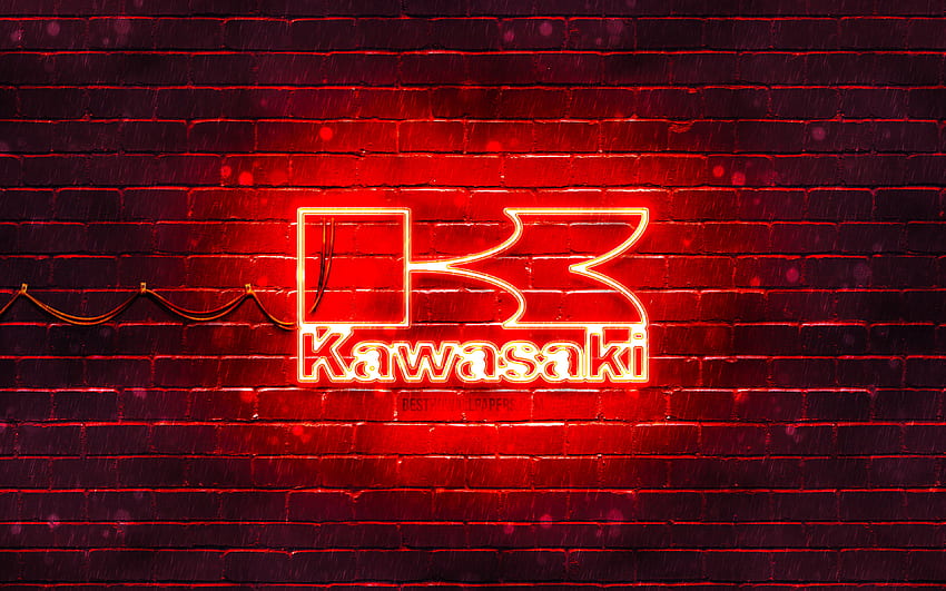 Kawasaki czerwone logo, , czerwona cegła, logo Kawasaki, marki motocykli, neonowe logo Kawasaki, Kawasaki Tapeta HD