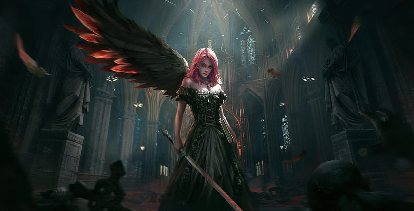 Jeden skrzydlaty anioł, pióro, miecz, skrzydło, fantazja, anioł, rudzielec, luminos, dziewczyna Tapeta HD