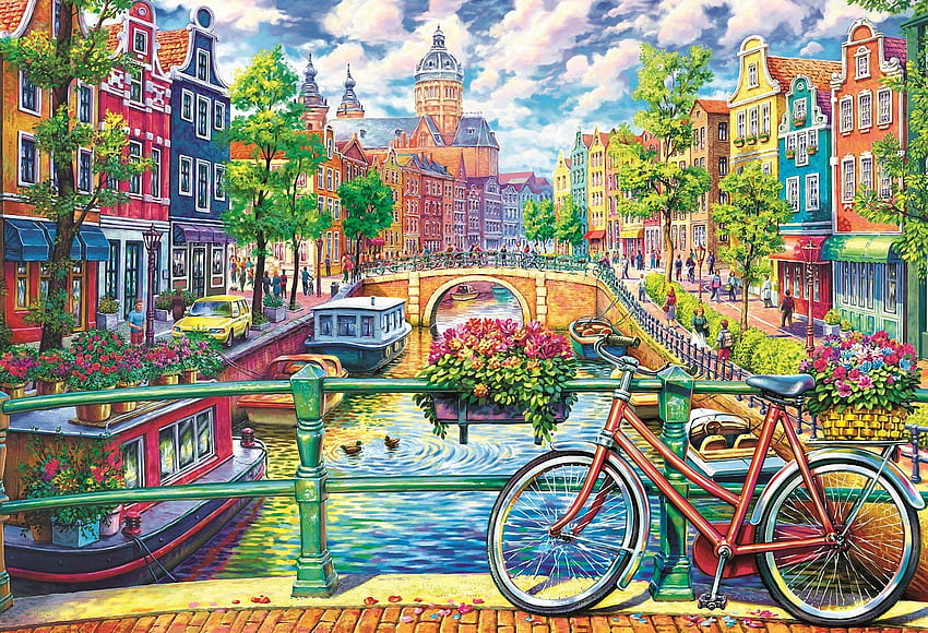 Amsterdam, canal, houses, netherlands, artwork, painting, boats, bike, bridge, flowers HD wallpaper