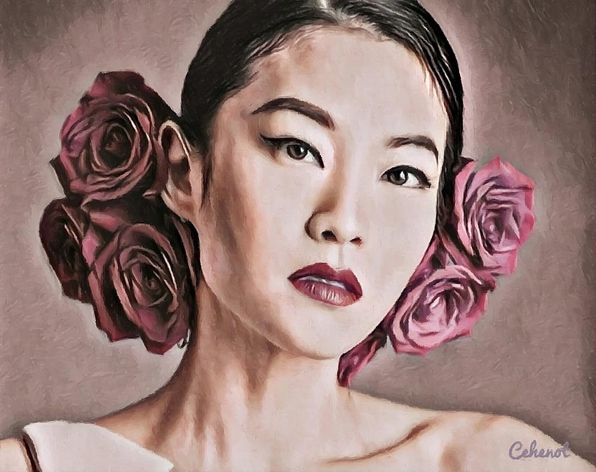 Arden Cho, by cehenot, asian, art, girl, actress, cehenot, rose, pink