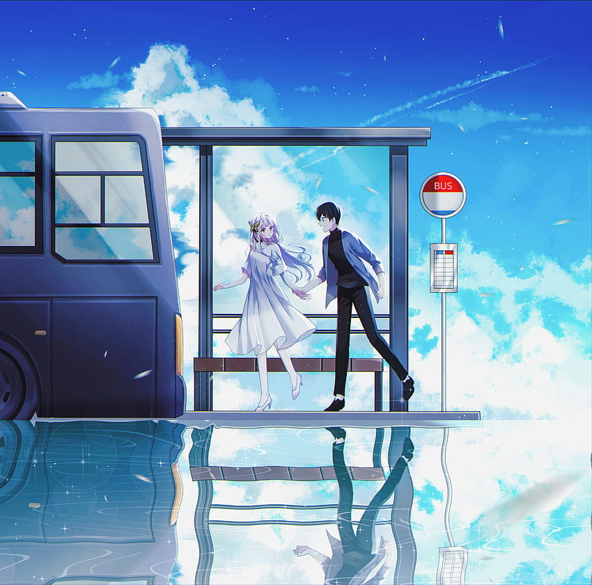 Please stop!, anime, original, bus-stop, art HD wallpaper