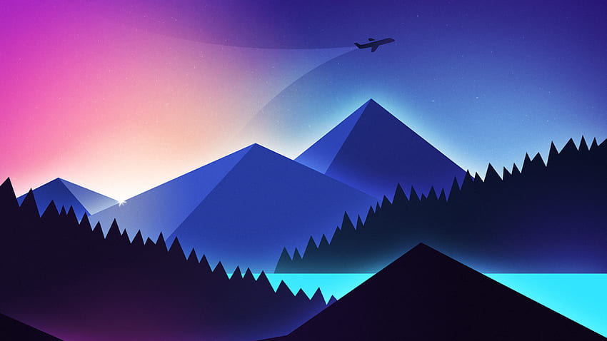 山, イラスト, 飛翔, 夜, 日没, グラデーションの背景, 自然 高画質の壁紙