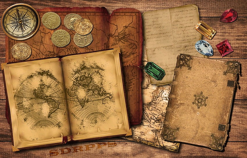 Gold, alt, Karte, Buch, Kompass, Rubin, Münzen, Smaragd für , Abschnitt разное, Alte Bücher HD-Hintergrundbild