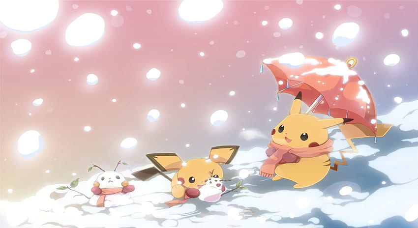 nieve, invierno, pichu, pikachu, pokemon fondo de pantalla
