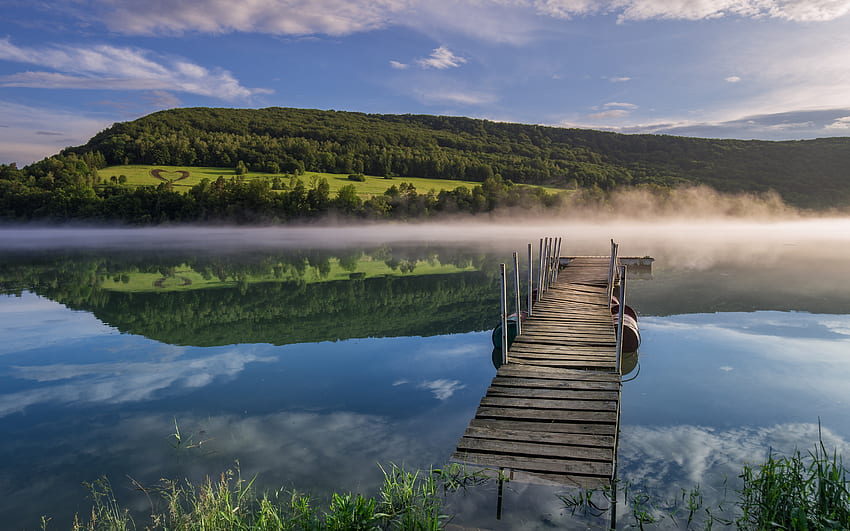 Pier, fog, morning, lake HD wallpaper