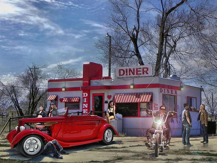 The Red Heart Diner, car, red, USA, diner, america, vintage, motorbike HD wallpaper