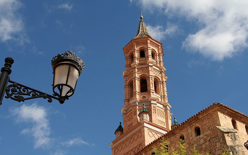 Tour de l'église en Espagne, tour, lampe, ciel, église, Espagne Fond d'écran HD