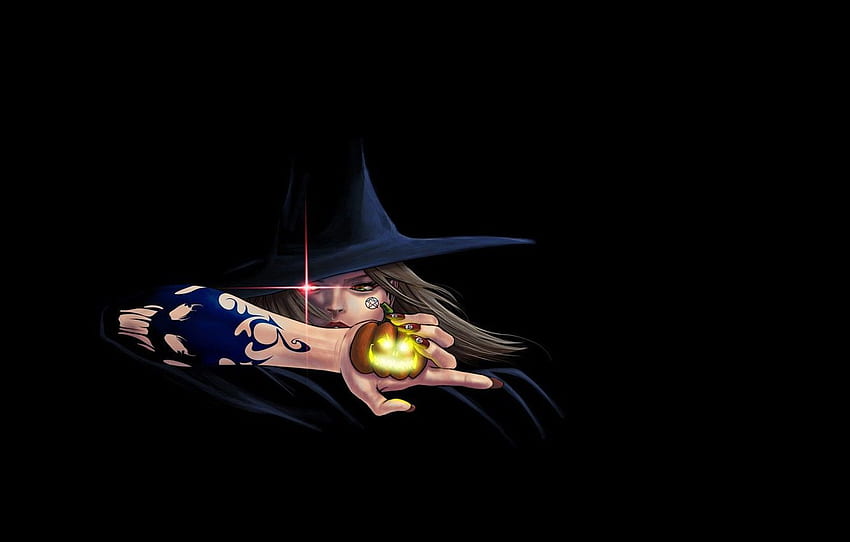 witch, spell, witchcraft, Jack, witch, in the dark, witch hat, burning eyes, tattoo on the hand, black magic for , section фантастика, Witch Hat HD wallpaper