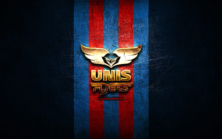 UNIS Flyers โลโก้สีทอง BeNe League พื้นหลังโลหะสีน้ำเงิน ทีมฮอกกี้ดัตช์ โลโก้ UNIS Flyers ฮอกกี้ วอลล์เปเปอร์ HD