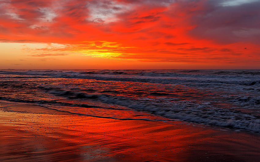 SUNSET GLOW, red, dusk, sunset, ocean, beach HD wallpaper
