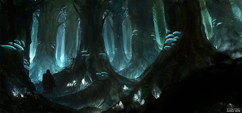 тъмно, гора, Ishutani, оригинал, живопис, дърво / и мобилен фон, тъмна джунгла аниме HD тапет