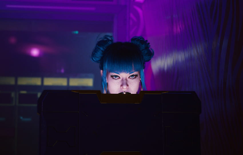 ragazza, computer, cyberpunk, labbra, guarda, viola, guardando, cyberpunk 2077, reception, Night City per , sezione игры, Cyberpunk Purple Sfondo HD