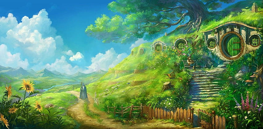 21 ++ Paisaje de anime de fantasía, paisaje de anime verde fondo de pantalla