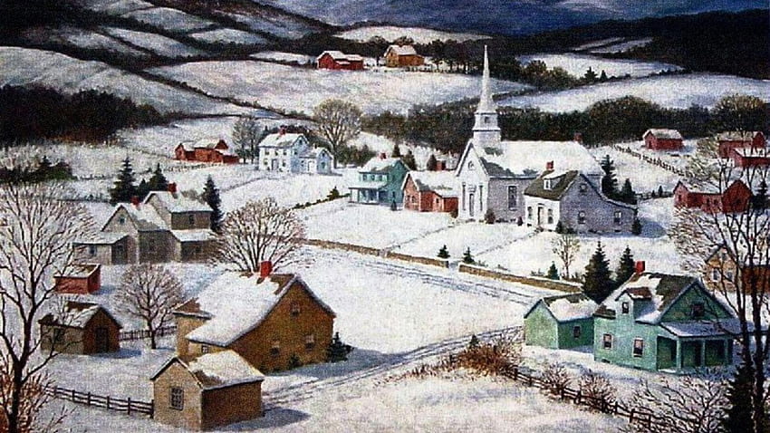 冬のニューイングランド、冬、アート、絵画、雪 高画質の壁紙