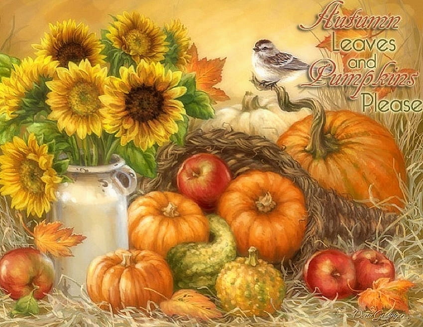 Autumn Leaves & Pumpkins, birds, thanksgiving, colors, paintings, pumpkins, love four seasons, leaves, apples, autumn, nature, flowers, fall season HD wallpaper