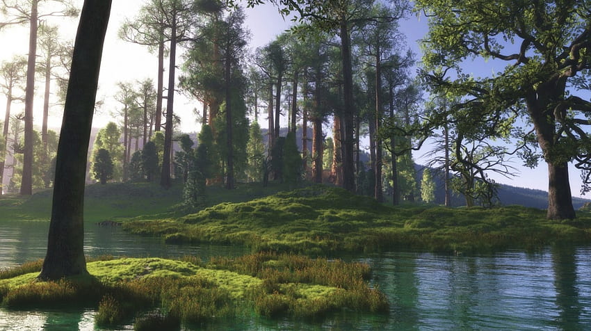 Spokojna sceneria rzeki, zieleń, spokój, drzewa, rzeki, przyroda Tapeta HD